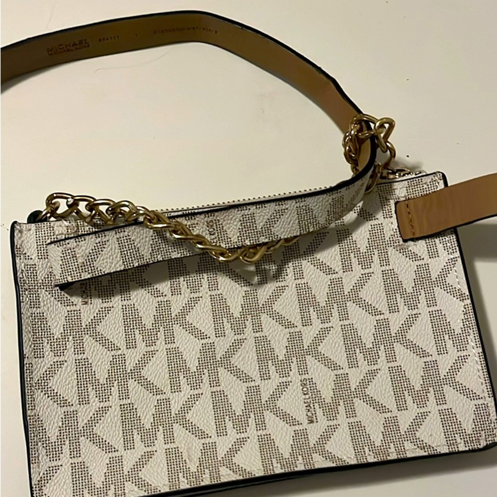Michael Kors Mini Belt Bag Wristlet Purse Medium Cream Grey Tan Vegan Leather